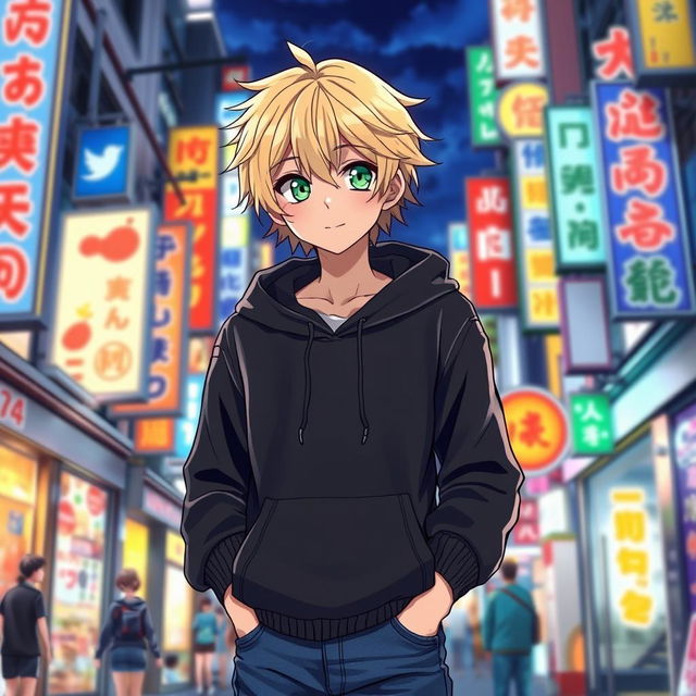 A male character depicted in an anime art style, featuring shaggy blonde hair that falls playfully around his face and striking emerald green eyes that radiate a youthful energy