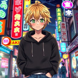 A male character depicted in an anime art style, featuring shaggy blonde hair that falls playfully around his face and striking emerald green eyes that radiate a youthful energy