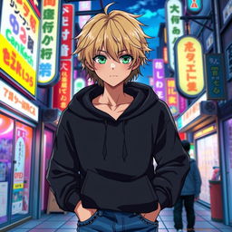 A male character depicted in an anime art style, featuring shaggy blonde hair that falls playfully around his face and striking emerald green eyes that radiate a youthful energy