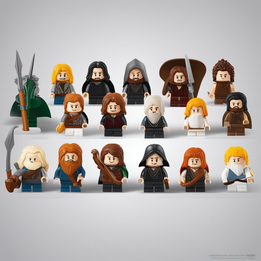 A high-quality digital art image featuring Lego versions of Lord of the Rings characters lined up against a white background