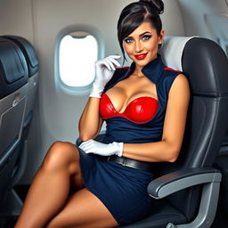 A sexy light-skinned flight attendant in a fashionable dark blue uniform, which includes a snug mini skirt and a top with a big neckline that reveals a hint of her red bra