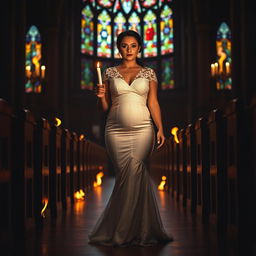 A beautiful curvy young bride walking towards the viewer, holding a single candle that illuminates the dark, intriguing interior of a church adorned with colorful stained glass windows