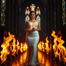A beautiful curvy young bride walking towards the viewer, holding a single candle that illuminates the dark, intriguing interior of a church adorned with colorful stained glass windows