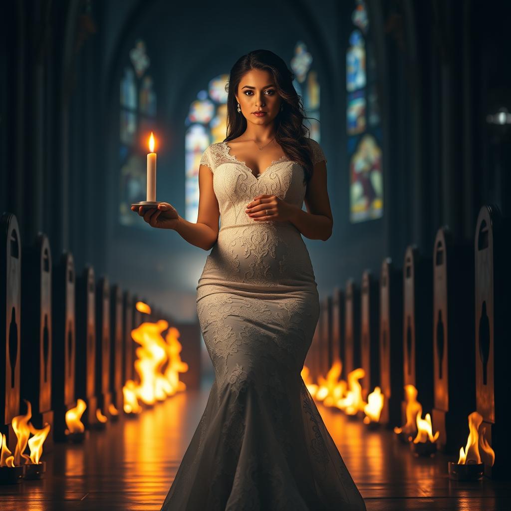 A beautiful curvy young bride walking towards the viewer, holding a single candle that illuminates the dark, intriguing interior of a church adorned with colorful stained glass windows