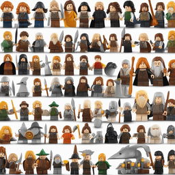 A high-quality digital art image featuring Lego versions of Lord of the Rings characters lined up against a white background