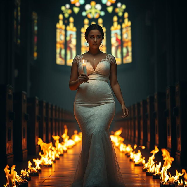 A beautiful curvy young bride walking towards the viewer, holding a single candle that illuminates the dark, intriguing interior of a church adorned with colorful stained glass windows