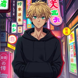 A tall male character depicted in an anime art style, featuring shaggy blonde hair that frames his face and striking emerald green eyes