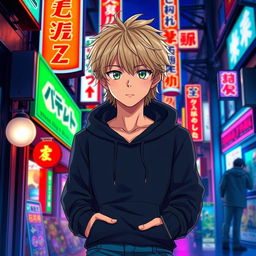 A tall male character depicted in an anime art style, featuring shaggy blonde hair that frames his face and striking emerald green eyes