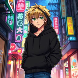 A tall male character depicted in an anime art style, featuring shaggy blonde hair that frames his face and striking emerald green eyes
