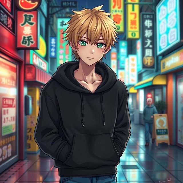 A tall male character depicted in an anime art style, featuring shaggy blonde hair that frames his face and striking emerald green eyes