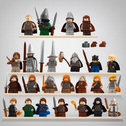 A high-quality digital art image featuring Lego versions of Lord of the Rings characters lined up against a white background