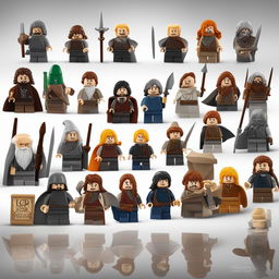 A high-quality digital art image featuring Lego versions of Lord of the Rings characters lined up against a white background