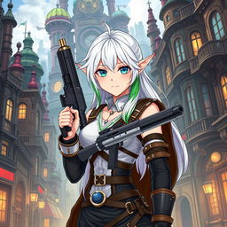 A half-high elf woman standing confidently in the middle of a steampunk medieval city, holding a sleek and stylish gun