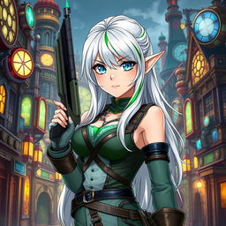A half-high elf woman standing confidently in the middle of a steampunk medieval city, holding a sleek and stylish gun