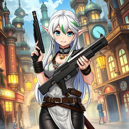 A half-high elf woman standing confidently in the middle of a steampunk medieval city, holding a sleek and stylish gun