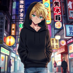 A tall male character illustrated in an anime art style, featuring shaggy blonde hair that partially obscures his face, and striking emerald green eyes that peek through