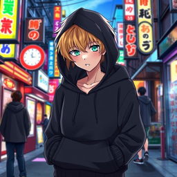A tall male character illustrated in an anime art style, featuring shaggy blonde hair that partially obscures his face, and striking emerald green eyes that peek through