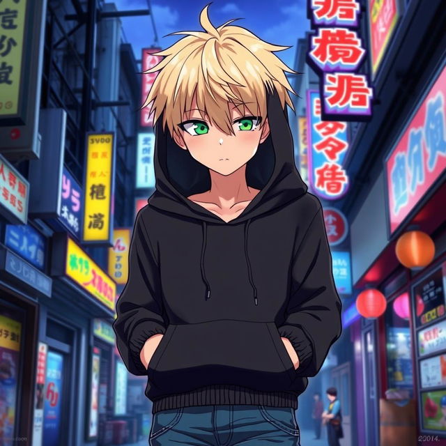 A tall male character illustrated in an anime art style, featuring shaggy blonde hair that partially obscures his face, and striking emerald green eyes that peek through