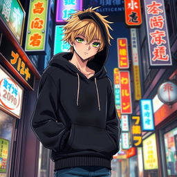 A tall male character illustrated in an anime art style, featuring shaggy blonde hair that partially obscures his face, and striking emerald green eyes that peek through
