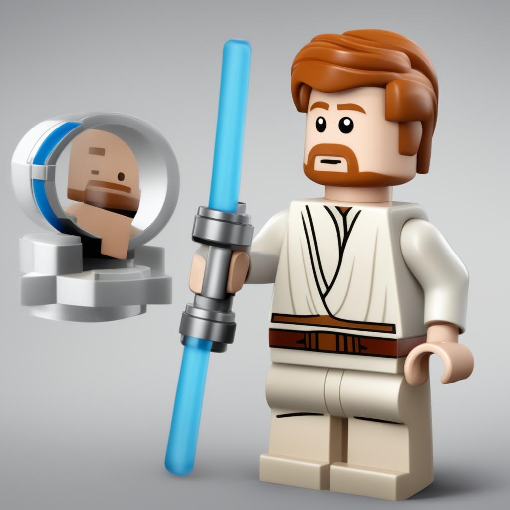 A high-quality digital art image of a Lego version of Obi-Wan Kenobi, featuring a blue lightsaber, white tunic, brown belt, and red hair, set against a stark white background