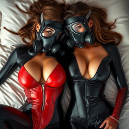 Two strikingly attractive slim women with prominent breasts, dressed in tight, shiny black and red latex suits that feature eye-catching crotch zippers