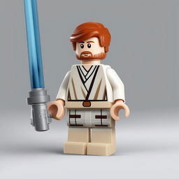 A high-quality digital art image of a Lego version of Obi-Wan Kenobi, featuring a blue lightsaber, white tunic, brown belt, and red hair, set against a stark white background