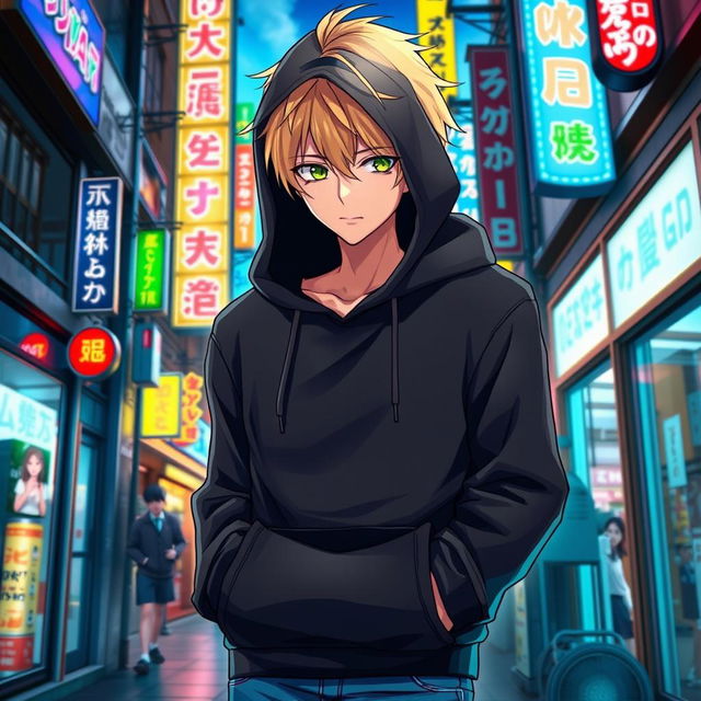 A tall adult male character illustrated in an anime art style, featuring striking blonde hair and captivating green eyes