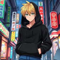 A tall adult male character illustrated in an anime art style, featuring striking blonde hair and captivating green eyes