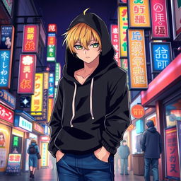 A tall adult male character illustrated in an anime art style, featuring striking blonde hair and captivating green eyes