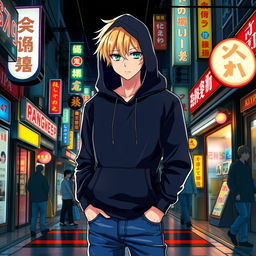 A tall adult male character illustrated in an anime art style, featuring striking blonde hair and captivating green eyes