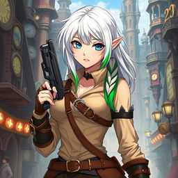 A half-high elf woman standing confidently in the heart of a steampunk medieval city, holding a sleek gun with elegance