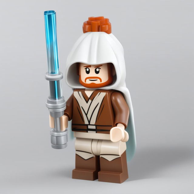 A high-quality digital art image of a Lego version of Obi-Wan Kenobi, featuring a blue lightsaber, white tunic, brown belt, and red hair, set against a stark white background