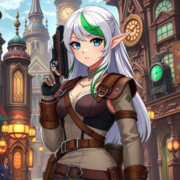 A half-high elf woman standing confidently in the heart of a steampunk medieval city, holding a sleek gun with elegance