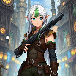 A half-high elf woman standing confidently in the heart of a steampunk medieval city, holding a sleek gun with elegance