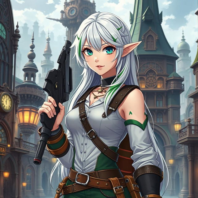 A half-high elf woman standing confidently in the heart of a steampunk medieval city, holding a sleek gun with elegance