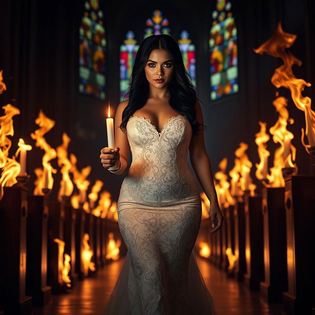 A beautiful curvy, sexy black-haired bride with striking blue eyes walking toward the viewer, holding a single candle that illuminates the dark church interior featuring vibrant stained glass windows