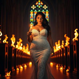 A beautiful curvy, sexy black-haired bride with striking blue eyes walking toward the viewer, holding a single candle that illuminates the dark church interior featuring vibrant stained glass windows