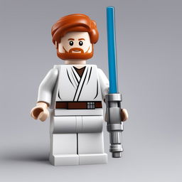 A high-quality digital art image of a Lego version of Obi-Wan Kenobi, featuring a blue lightsaber, white tunic, brown belt, and red hair, set against a stark white background