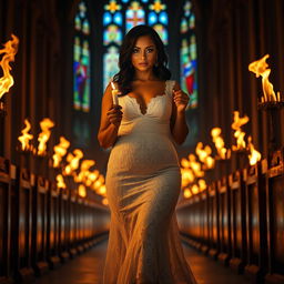 A beautiful curvy, sexy black-haired bride with striking blue eyes walking toward the viewer, holding a single candle that illuminates the dark church interior featuring vibrant stained glass windows