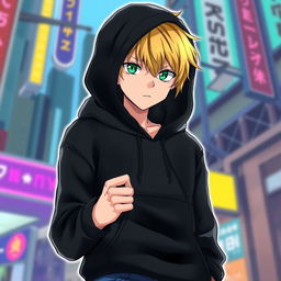 A tall adult male character illustrated in an anime art style, featuring blonde hair and intense green eyes