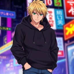 A tall adult male character illustrated in an anime art style, featuring blonde hair and intense green eyes