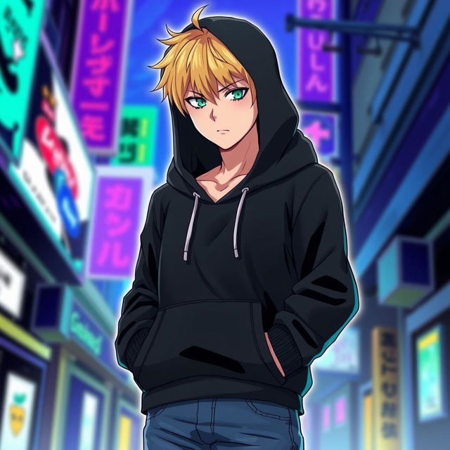 A tall adult male character illustrated in an anime art style, featuring blonde hair and intense green eyes