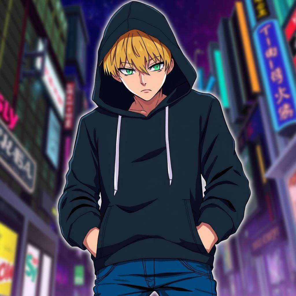A tall adult male character illustrated in an anime art style, featuring blonde hair and intense green eyes