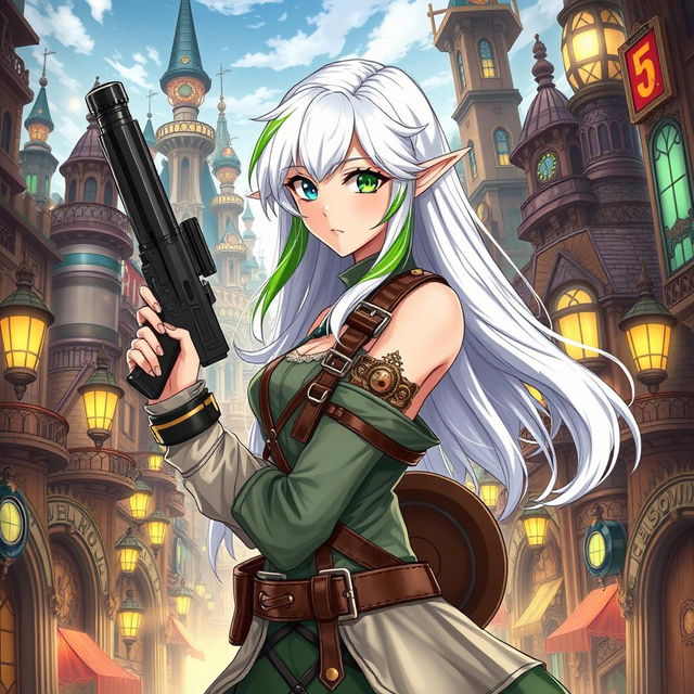 A half-high elf woman standing in the heart of a vibrant steampunk medieval city, holding a stylish gun with confidence