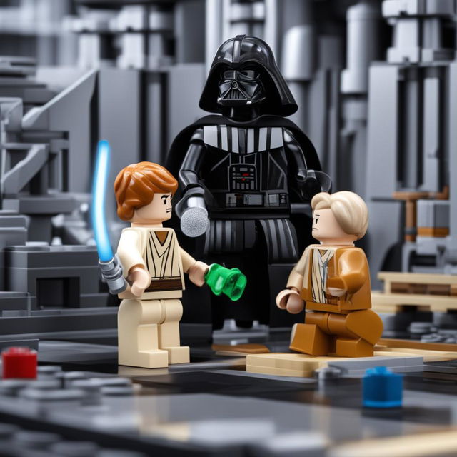 A high-quality digital art image depicting a Lego Star Wars duel between Obi-Wan Kenobi and Darth Vader in the Death Star's hangar