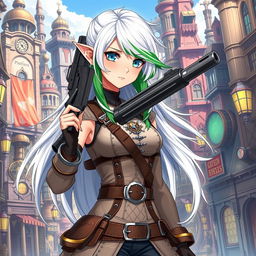 A half-high elf woman standing in the heart of a vibrant steampunk medieval city, holding a stylish gun with confidence