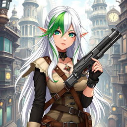 A half-high elf woman standing in the heart of a vibrant steampunk medieval city, holding a stylish gun with confidence
