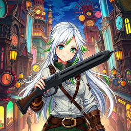 A half-high elf woman standing in the heart of a vibrant steampunk medieval city, holding a stylish gun with confidence