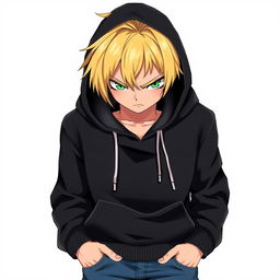 A tall adult male character illustrated in an anime art style, showcasing striking blonde hair and intense green eyes that stand out