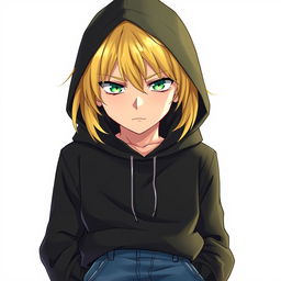 A tall adult male character illustrated in an anime art style, showcasing striking blonde hair and intense green eyes that stand out